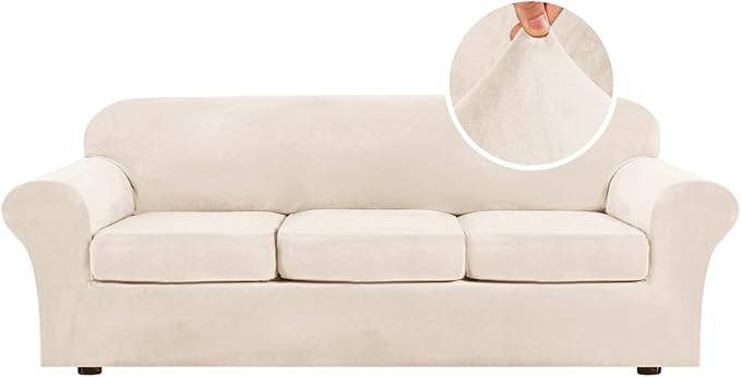 H.VERSAILTEX High Stretch Sofa Slipcover 4 Piece Cover Velvet Furniture Protector Form Fit Thick Velvet Extra Large Sofa Cover for 3 Cushion Couch Width Up to 97 Inch (Large Sofa, Cream)