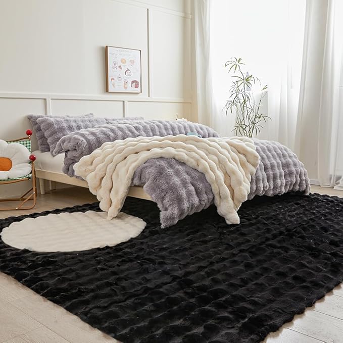 Black Rabbit Plush Rug 8'x10', Fluffy Faux Fur Shaggy Area Rug for Nursery, Kids Room Decor, Soft Fuzzy Carpet for Living Room, Bedroom, Teen Girls Room