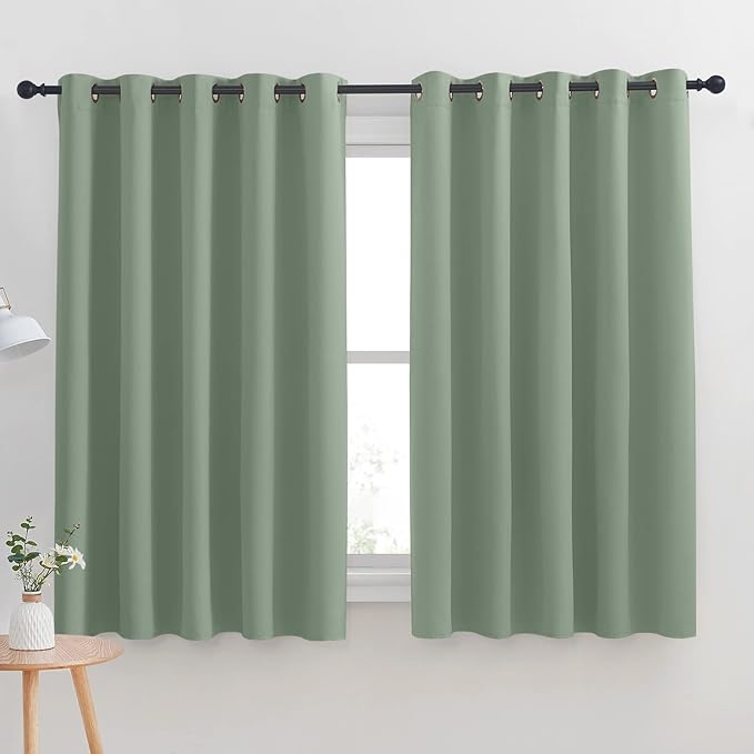 NICETOWN Thermal Insulated Greyish Green Blackout Curtains for Bedroom, Window Treatment Solid Grommet Room Darkening Drape Panels for Bedroom (Set of 2, 70 by 63 inches Long)