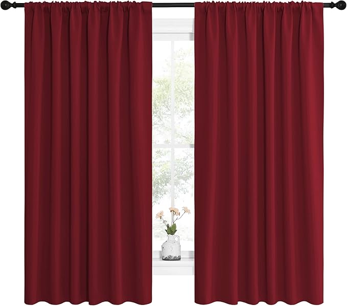NICETOWN Christmas Patio Door Blackout Curtains, Noise Reducing Curtains and Drapes with Rod Pocket for Wide Window (62" Wide by 63" Long, Burgundy Red, 2 Panels)