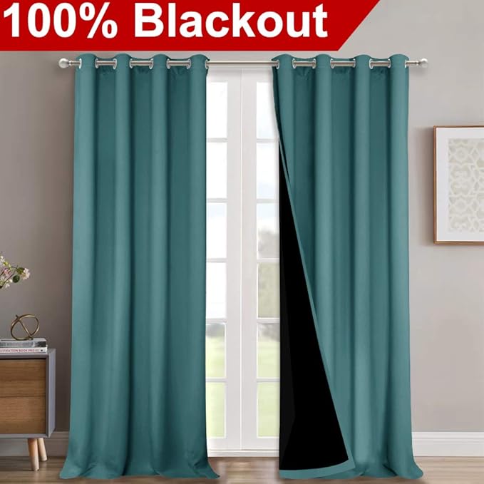 NICETOWN 100% Blackout Curtains for Windows, Pack of 2, Sea Teal, 52" W x 120" L, Super Heavy-Duty Black Lined Total Darkness Drapes for Bedroom, Privacy Assured Window Treatment for Patio