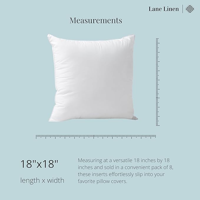 LANE LINEN Throw Pillow Inserts 18" x 18" - Set of 8 White Down Alternative Pillows for Bed, Sofa, and Couch - Fluffy Decorative Stuffer Pillow for Indoors