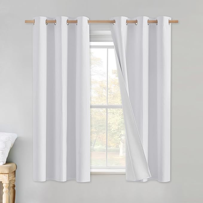 NICETOWN 100% Absolutely Blackout Linen Curtains with Thermal Insulated White Liner, White, 42 inches Wide, 45 inches Length Energy Saving Curtains for Cupboard 2 Panels Set, Vertical Blinds