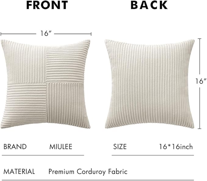 MIULEE Beige Decorative Throw Pillow Covers 16x16 Inch for Couch Bed Sofa Pack of 2 Boho Neutral Farmhouse Throw Pillows Soft Cross Corduroy Patchwork Textured Cushion Cases