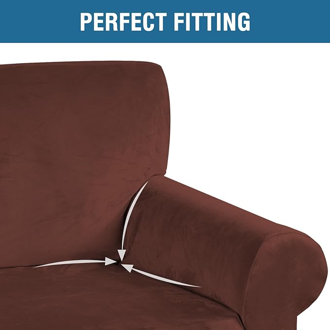 H.VERSAILTEX Stretch Velvet Loveseat Covers for 2 Cushion Couch Covers for Living Room Sofa Covers Slipcovers with Non Slip Straps Bottom, Ultra Thick Comfy Velour (Width 58"-72", Burnt Brick)