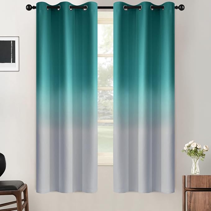 SimpleHome Ombre Room Darkening Curtains for Living Room, Light Blocking Gradient Teal to Grey White Thick Thermal Insulated Grommet Window Curtains/Drapes for Bedroom, 2 Panels, 42x63 inches Length