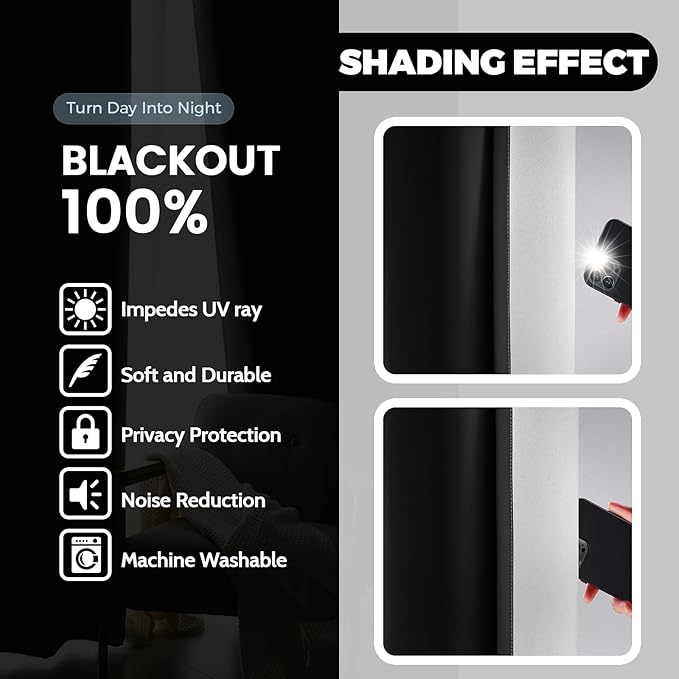 Yakamok 100% Blackout Curtains 84 Inch Length 2 Layers,Black Curtains for Bedroom Ombre Room Darkening Grommet Gradient Drapes, Light Blocking Thermal Insulated Window Curtains for Living Room
