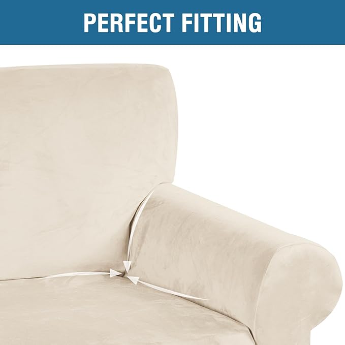 H.VERSAILTEX Stretch Velvet Armchair Cover Couch Covers 1 Cushion Chair Slipcover for Living Room Furniture Cover Crafted from Thick Comfy Rich Velour (Chair 31"-49", Cream)