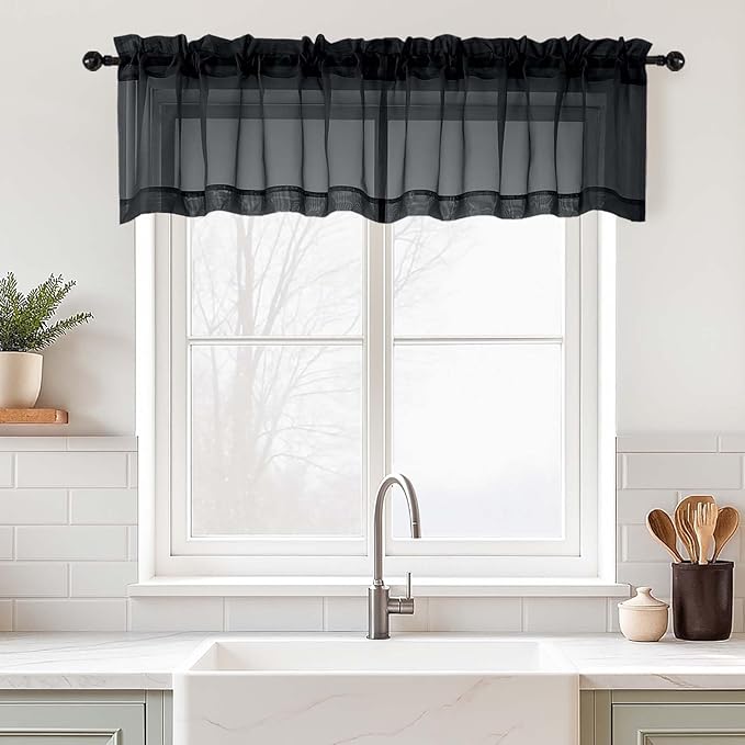 Black Valances for Windows 14 inch Length 2 Panels Set, Small Voile Sheer Curtains for Bathroom, Soft Fabric Lightweight Light Filtering Kitchen Curtains, Dual Rod Pocket, 2x42Wx14L Inches
