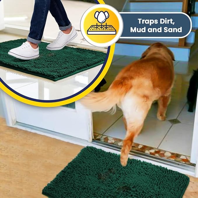 Muddy Mat® | Super Absorbent Door Mat Indoor, Microfiber Quick Dry Chenille Entryway Rug, Non-Slip Front Door Mat, Indoor Mats for Entryway, Machine Washable Pet Rug, Dark Green 28"x18"