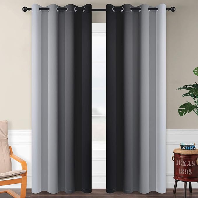 SimpleHome Ombre Room Darkening Curtains for Bedroom, Gradient Black to Gray White Light Blocking Thermal Insulated Grommet Window Curtains/Drapes for Living Room,2 Panels, 52x96 inches Length