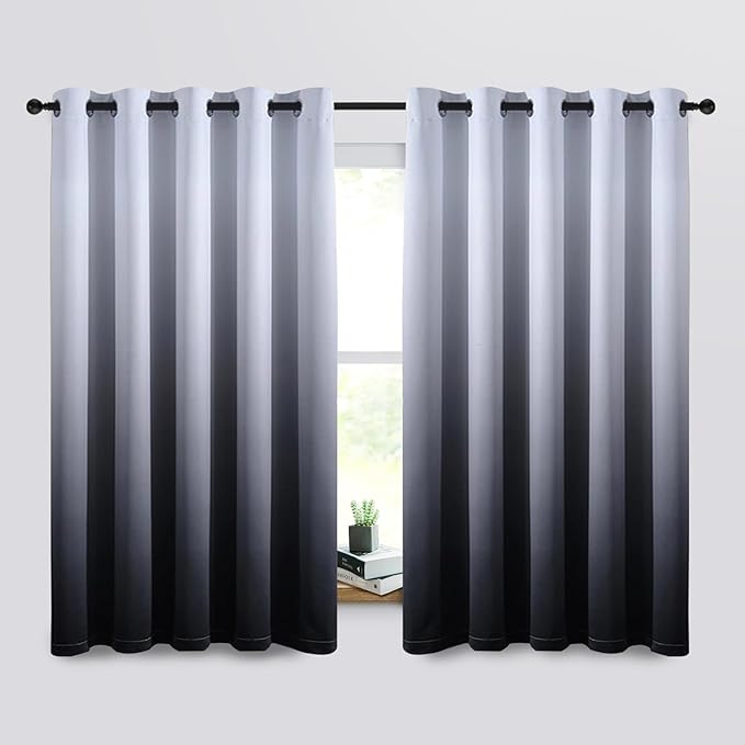 SimpleHome Gradient Color Ombre Room Darkening Curtains Blackout Black Thermal Insulated Grommet Panels Grommet Window Drapes for Living Room/Bedroom, Black,62x63 inches