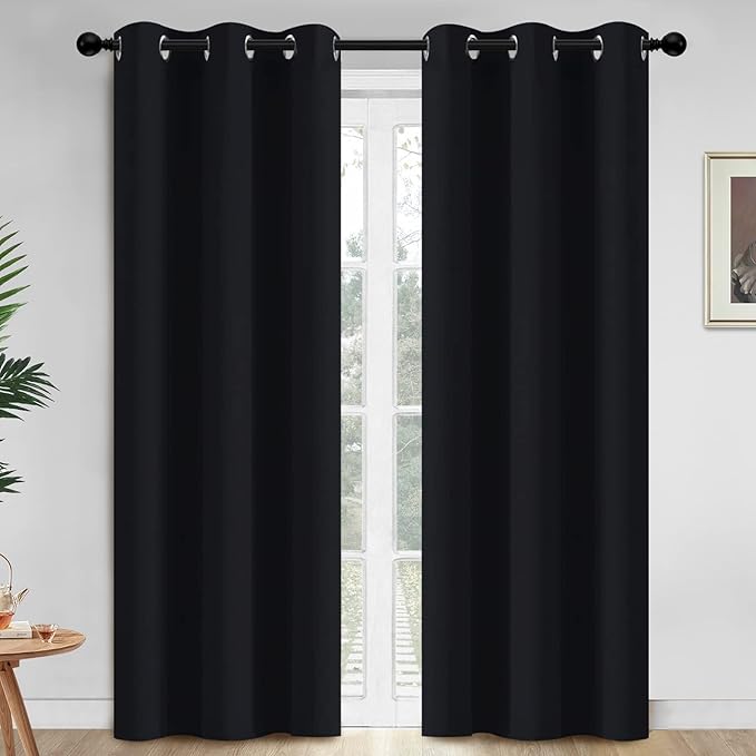 Yakamok 84 Inch Length Blackout Curtains for Bedroom, Thermal Insulated Room Darkening Grommet Top Window Drapes for Living Room,Black,42W x 84L,2 Panels