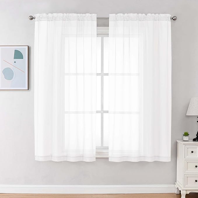 Chyhomenyc White Sheer Curtains 68 Inch Length, Light Filtering Solid Color Bedroom Window Sheer Curtain Panels, Elegant Curtains & Drapes for Living Room, 42Wx68L, 2 Panels