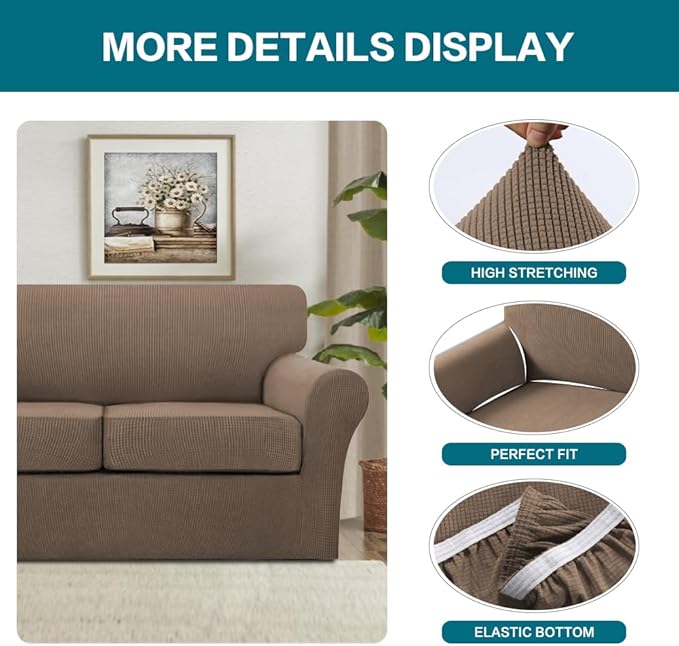 Turquoize 4 Piece Sofa Covers for 3 Cushion Couch Sofa Slipcover Soft Couch Cover for Dogs Washable Furniture Cover with 3 Individual Large Cushion Covers Feature Fabric (Large Sofa, Macchiato)