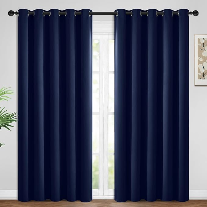 Yakamok Blackout Curtains Room Darkening Thermal Insulated Window Panels,Solid Grommet Top Drapes for Bedroom/Living Room(62Wx96L, Navy Blue, 2 Panels)