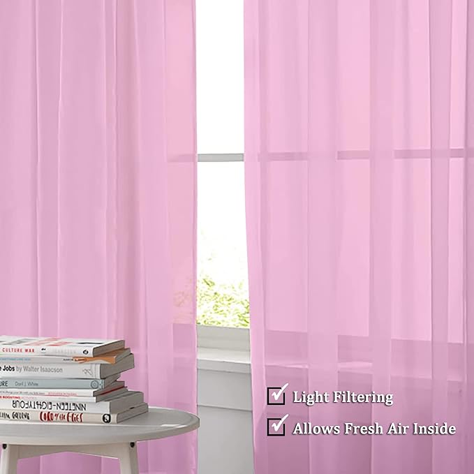 OWENIE Pink Sheer Curtains 90 Inch Length, Elegant Soft Sheer Curtains for Bedroom, Window Voile Sheer Curtain Panels/Drapes/Treatment for Living Room, 2Pcs, Each 42" W x 90" L