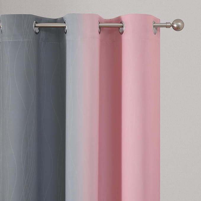 Estelar Textiler Ombre Grey and Pink Blackout Curtains 72 Inch Length 2 Panels, Full Room Darkening Blackout Curtains for Bedroom, Grommet Thermal Insulated Gradient Drapes for Kids Room, 42x72 Inch