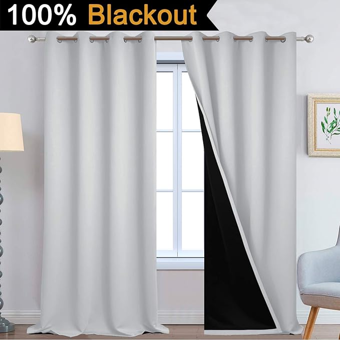 Yakamok 100% Blackout Curtains 108 Inches Long, 2 Thick Layers Thermal Insulated Curtain Panels for Bedroom, Full Light Blocking Drapes with Black Liner (52" Wide Each Panel, Light Grey, 2 Panels)