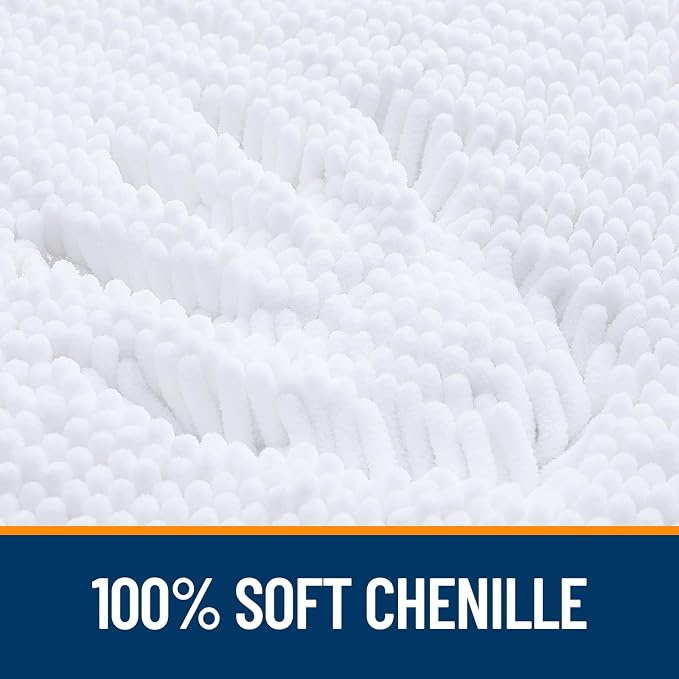 Bath Rug, 50 x 30 Inch Chenille, High Pile, Quick Drying, White