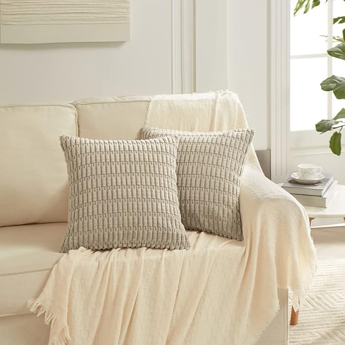 Fancy Homi 4 Packs Taupe Decorative Throw Pillow Covers 20x20 Inch for Living Room Couch Bed Sofa, Modern Farmhouse Boho Home Decor, Soft Plush Corduroy Square Cute Accent Cushion Case 50x50 cm
