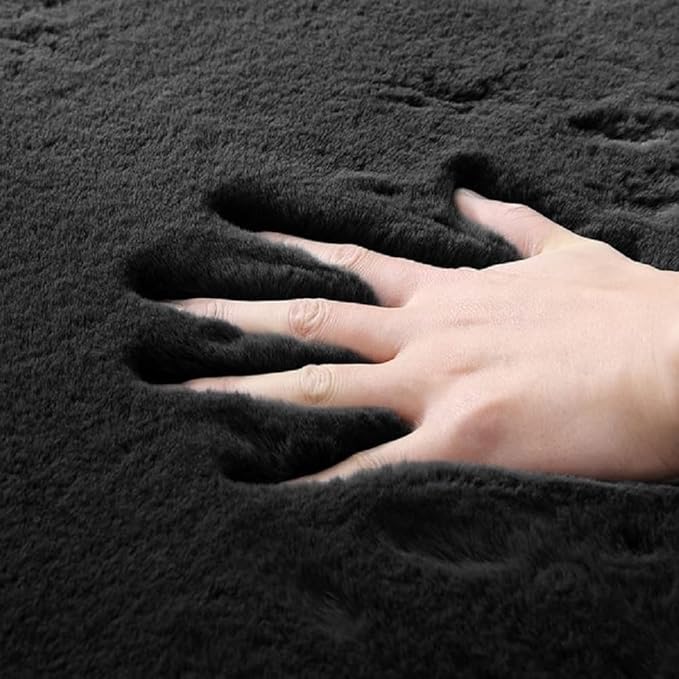 ORINOVA Black Shag Washable Fluffy Fur Area Rugs for Bedroom Living Room Faux Rabbit Fur Nursery Rug 2x6 Cute Shaped Rug Room Décor