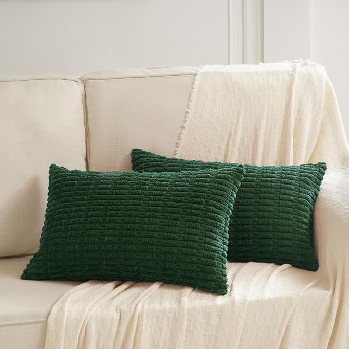 Fancy Homi Set of 4 Dark Green Lumbar Rectangle Decorative Throw Pillow Covers 16x24 Inch for Couch Bed Chair, Aesthetic Boho Room Decor, Soft Fuzzy Thick Corduroy Cute Textured Cushion Case 40x60cm