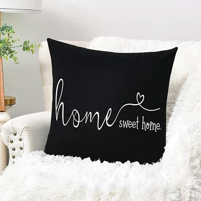 MFGNEH Home Sweet Home Quotes Farmhouse Pillow Covers 18x18 Inch,Farmhouse Decorative Lumbar Throw Pillow Case Cushion Cover,Housewarming Gift,Black