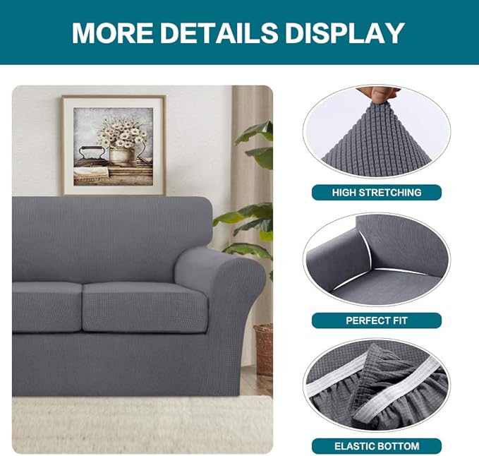 Turquoize 4 Piece Sofa Covers for 3 Cushion Couch Sofa Slipcover Soft Couch Cover for Dogs-Washable Sofa Furniture Covers with 3 Individual Cushion Covers, Jacquard Fabric (3 Cushion Sofa, Gray)