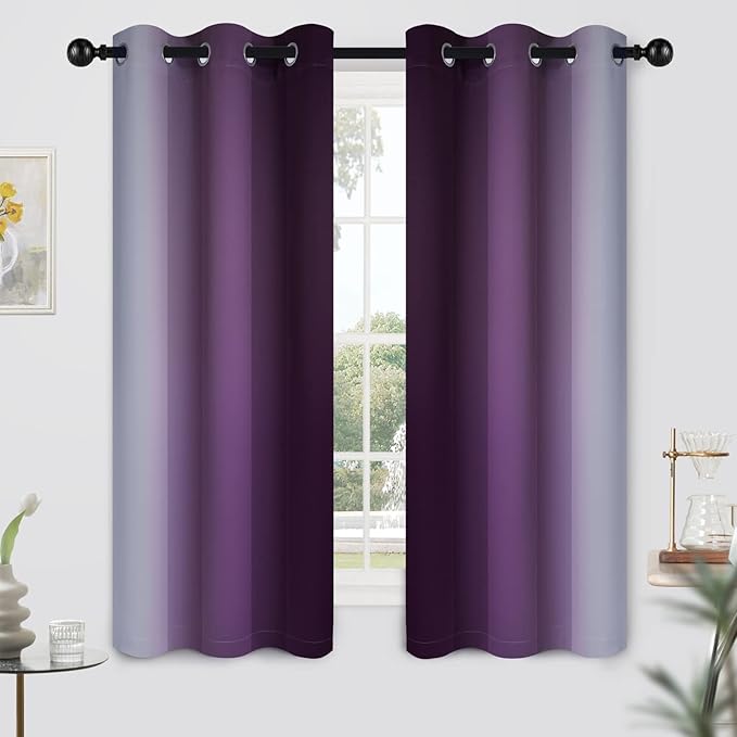 Yakamok Light Blocking Ombre Curtains, Greyish White and Purple Gradient Color Curtains, Room Darkening Grommet Window Drapes for Bedroom(Purple, 42x63 Inch, 2 Panels)