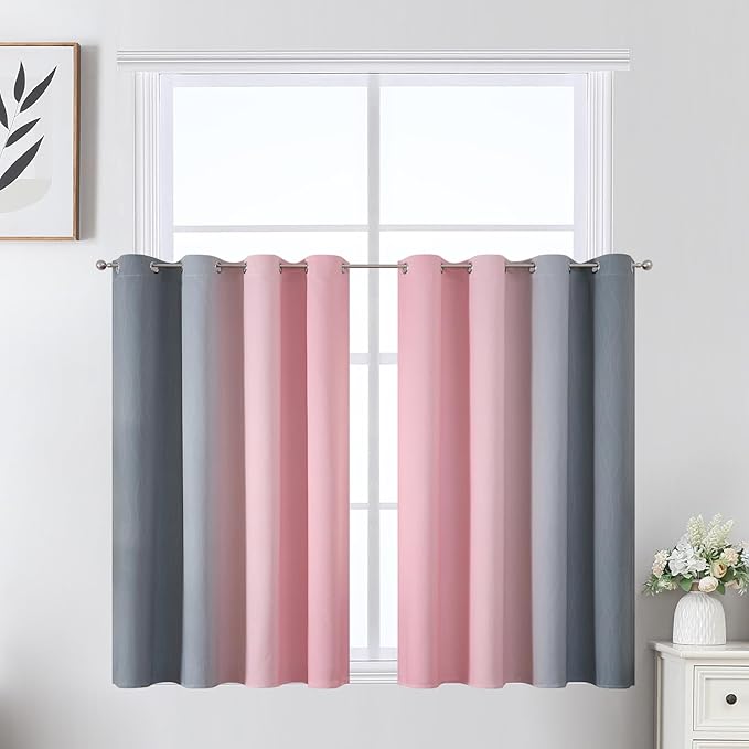 Estelar Textiler Grey and Pink Ombre Short Blackout Curtains 36 Inch Long, Thermal Insulated Grommet Small Half Window Drapes for Cafe/Basement/RV Camper/Kitchen, 52Wx36L, 2 Panels
