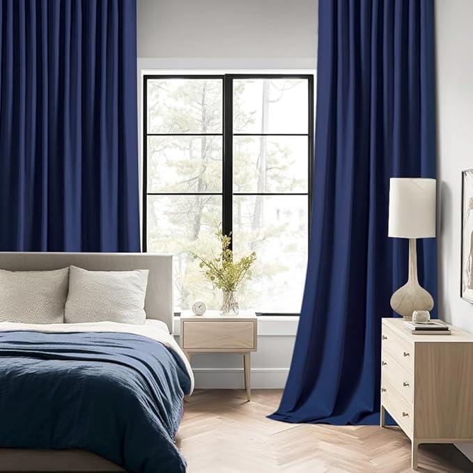 MIULEE Navy Blue Back Tab Blackout Curtain 96 Inch Long 2 Panels Set for Bedroom, Rod Pocket/Pinch Pleat Thermal Insulated Living Room Darkening Pleated Light Blocking Floor to Ceiling Drape