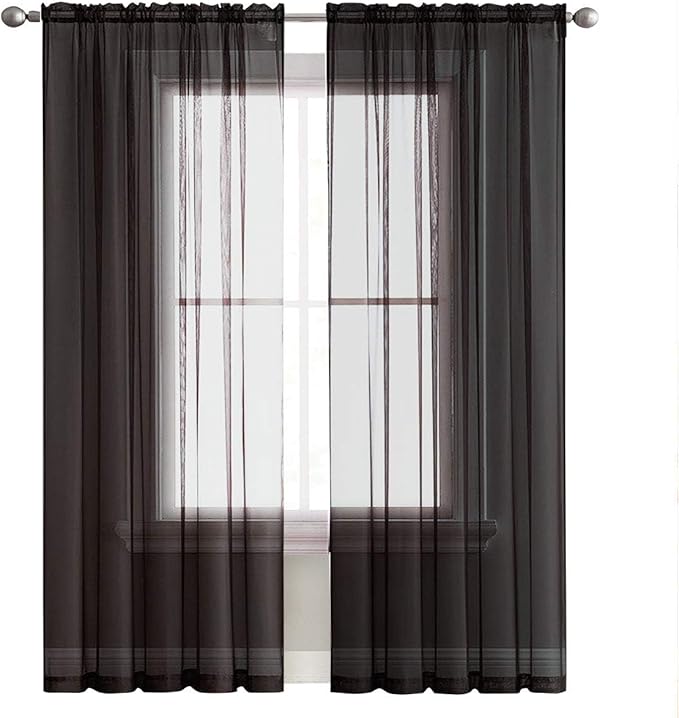SpaceDresser Basic Rod Pocket Sheer Voile Window Curtain Panels White 1 Pair 2 Panels 60 Width 108 Inch Long for Kitchen Bedroom Children Living Room Yard(Black,60 W x 108 L)