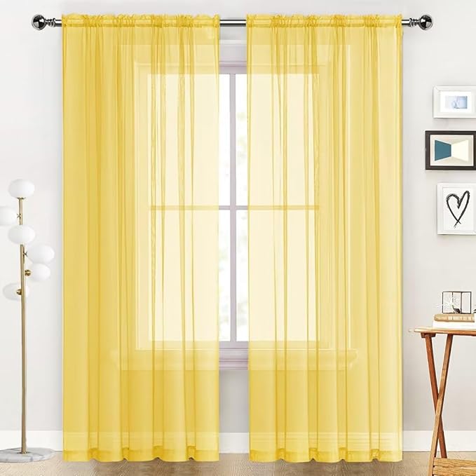 SpaceDresser Sheer Voile Window Treatment Rod Pocket Curtain Panels for Kitchen Bedroom Living Room Drapes Sunlight Filtering Privacy Semi Home Decor Assorted Colors Sizes (Yellow, 52 W x 45 L)