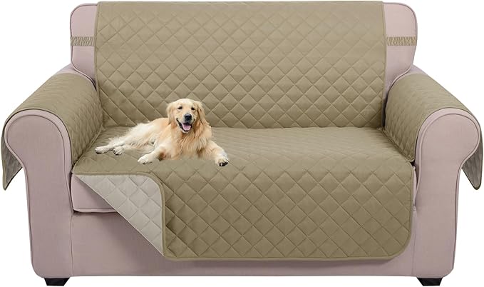 U-NICE HOME Loveseat Sofa Cover Reversible Couch Covers for 2 Cushion Couch for Dogs Furniture Protector Cover with Elastic Straps Water Resistant(Loveseat Small, Light Camel/Beige)