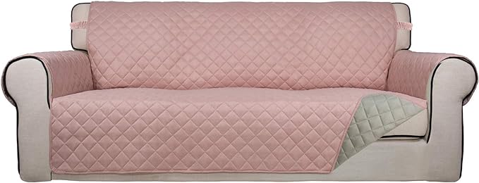 PureFit Reversible Quilted Sofa Cover, Water Resistant Slipcover Furniture Protector, Washable Couch Cover with Non Slip Foam and Elastic Straps for Kids, Dogs, Pets (X Large, Pink/Beige)
