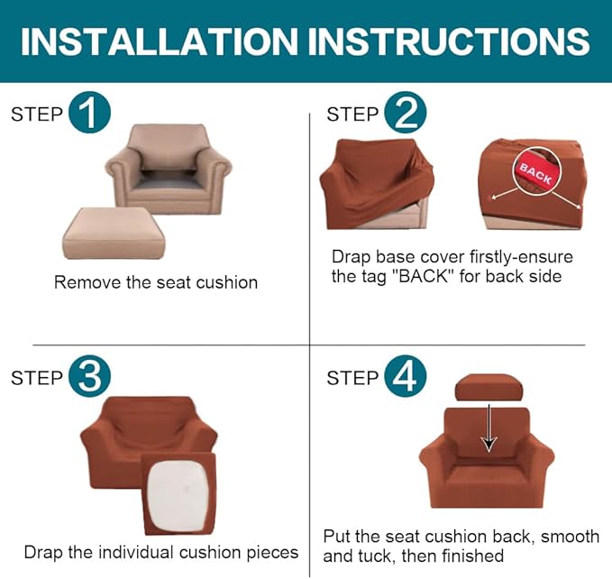 Turquoize 2 Piece Chair Covers Chair Slipcovers for Living Room Armchair Couch Cover Chair Sofa Cover with Individual Cushion Covers Furniture Cover for Chairs Feature Jacquard Fabric (Chair, Rust)