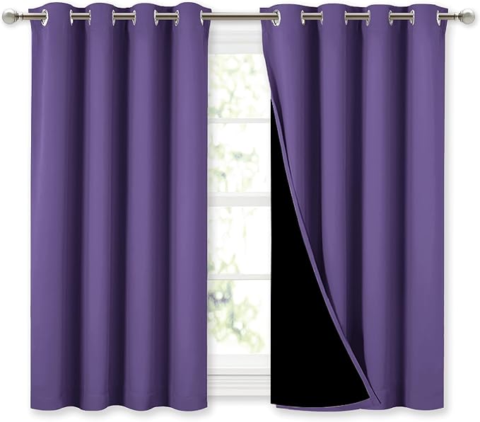 NICETOWN 100% Blackout Curtains with Black Liners, Thermal Insulated Full Blackout 2-Layer Lined Curtains, Energy Efficiency Window Draperies for Dining Room (Lilac Purple, 2 Panels, 52" W by 45" L)