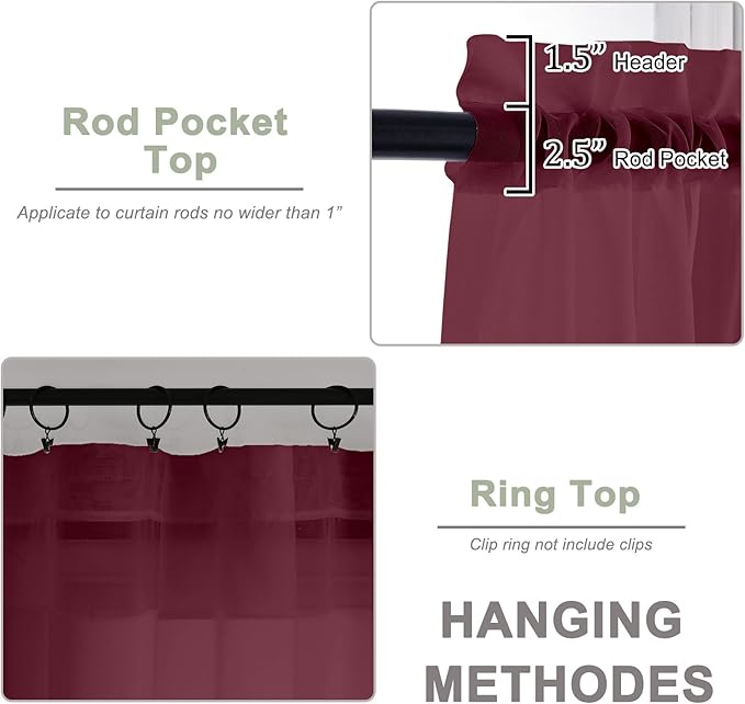 OWENIE Sheer Curtains 2 Panels Set for Bedroom Living Room, Soft Solid Rod Pocket Light Filtering Window Treatment, 2Pcs Each 59" W x 120" L, Burgundy Wine