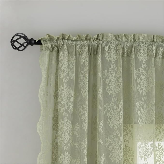YJ YANJUN Vintage Lace Curtains -Victorian Floral Sage Green 102 inches Curtains for Bedroom Sliding Glass Door Light Filtering Bohemian Farm House Cottage Core Decor Total 104 Wide 12 FT Long