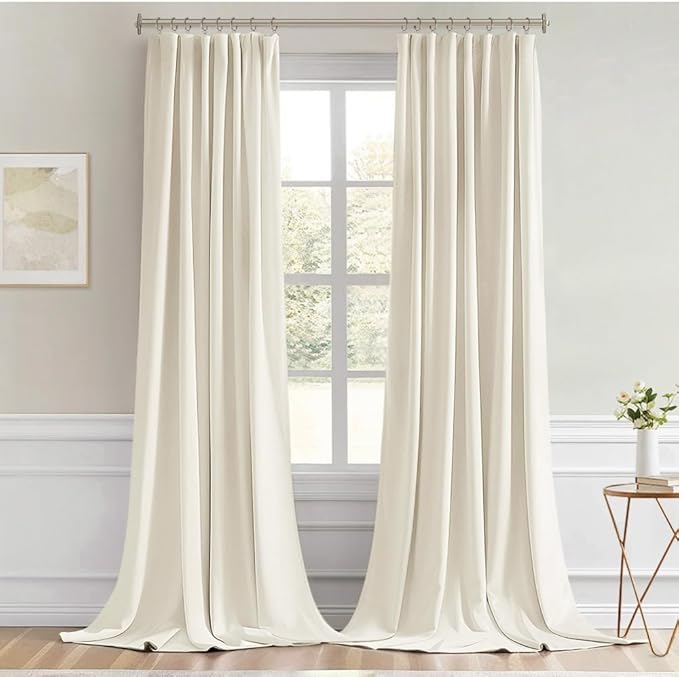 MIULEE Beige White Back Tab Blackout Curtain 96 Inch Long 2 Panels Set for Bedroom, Rod Pocket/Pinch Pleat Thermal Insulated Living Room Darkening Pleated Light Blocking Floor to Ceiling Drape