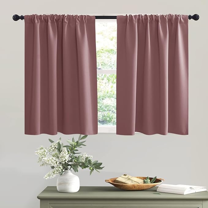 RYB HOME Short Dusty Pink Blackout Curtains for Small Bedroom Window, Insulating UV Blocking Drapes for Kitchen Cafe Basement Garage, Privacy Tiers for Bathroom Window, Width 42 by Length 36, Set of 2