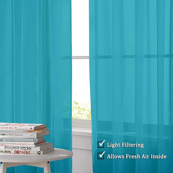 OWENIE Turquoise Blue Sheer Curtains, Sheer Curtains 84 inch Length 2 Panels Set, Rod Pocket Voile Fimly Sheer Drapes for Living Room/Bedroom, 2pcs, Each 42" W x 84" L