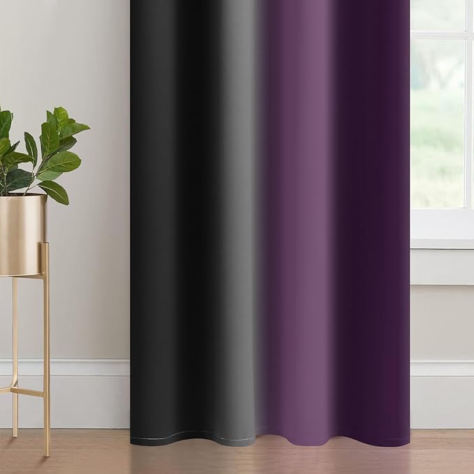 Yakamok Blackout Ombre Purple and Black Curtains for Bedroom, Gradient Room Darkening Curtains, Grommet Thermal Insulated Light Blocking Window Drapes/Curtain for Living Room,52 x 54 Inch,2 Panels