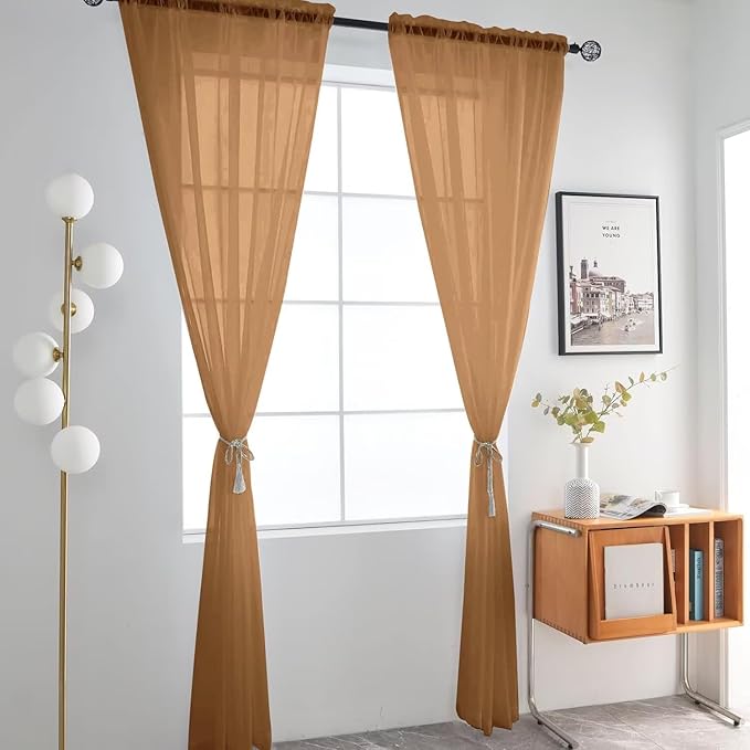 SpaceDresser Basic Rod Pocket Sheer Voile Window Curtain Panels Light Brown 1 Pair 2 Panels 52 Width 54 Inch Long for Kitchen Bedroom Children Living Room Yard（Light Brown, 52W x 54L）