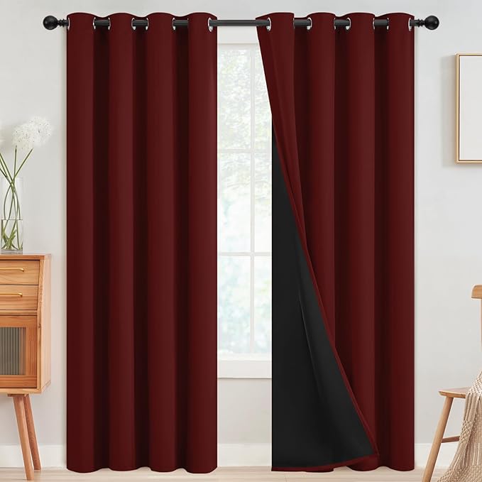 SimpleHome 100% Blackout Curtains for Bedroom,Thermal Insulated Burgundy Red Grommet Window Drapes Room Darkening Curtains for Living Room with Black Back,52 x 84 Inch,2 Panels