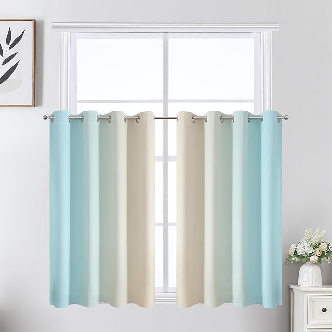 Estelar Textiler Beige and Aqua Ombre Short Blackout Cafe Curtains 36 Inch Length, Thermal Insulated Grommet Small Half Window Drapes for Kitchen/Basement/RV Camper, 52Wx36L, 2 Panels