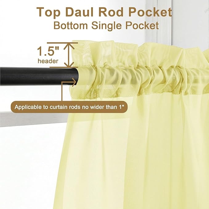 Chyhomenyc Sheer Tier Curtains 24 Inch Length - Small Window Kitchen Curtains for Bathroom Living Room Basement, Rod Pocket Farmhouse Short Voile Curtain 42Wx24L, 2 PCS, Light Yellow