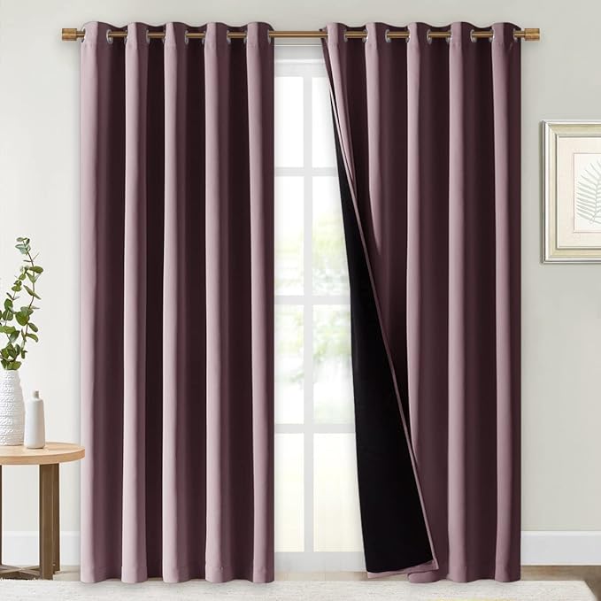 NICETOWN 100% Blackout Window Curtain Panels, Cold and Full Light Blocking Drapes with Black Liner for Nursery, 84 inches Drop Thermal Insulated Draperies (Dry Rose, 2 PCs, 70 inches Wide Each Panel)