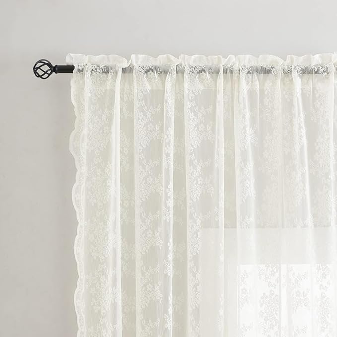 YJ YANJUN Vintage Lace Curtains 120 Inches Long-Antique Floral Ivory Privacy High Ceiling Sheer Curtain Panels for Dining Room, Patio Door, Large Windows - Rod Pocket 52x120 10 FT Tall Cream